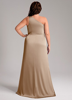 Azazie Phaedra Bridesmaid Dresses Taupe A-Line One Shoulder Stretch Satin Dress image2