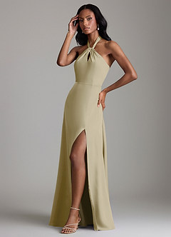 Azazie Tracie Vestidos de damas de honor Vestido de Musgo Verde de Satén Elástico de Corte en A con Corte Lateral image4