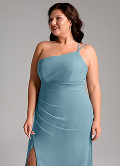 Azazie Eren Bridesmaid Dresses Moody Blue Sheath One Shoulder Chiffon Dress image13