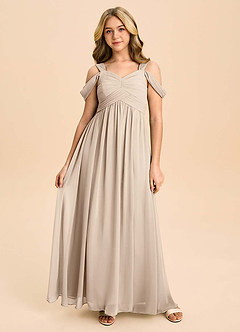 Azazie Lianne Junior Taupe A-Line Off the Shoulder Chiffon Dress image2