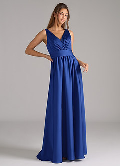 Azazie Kora Bridesmaid Dresses Royal Blue A-Line Pleated Stretch Satin Dress image3