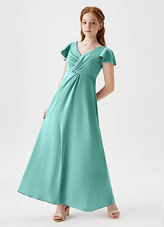 Azazie Soren Junior Aqua A-Line Ruched Stretch Satin Dress image5