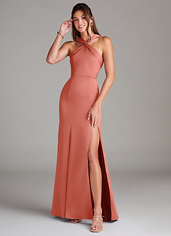 Azazie Rue Vestidos de damas de honor Vestido de Rosa Salmón de Satén Elástico de Corte Sirena con Plisado image1