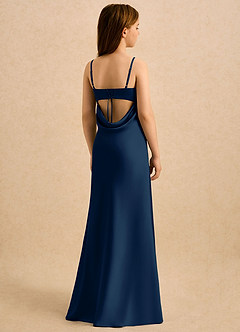 Azazie Mirabella Girls Formal Robe Demoiselle D'honneur Fillette Robe Fourreau en Satin extensible Encolure en Forme de Cœur Bleu Marine Foncé image1