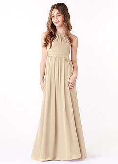 Azazie Jaylah Junior A-Linie Gestreift Chiffon Kleid Champagner image2