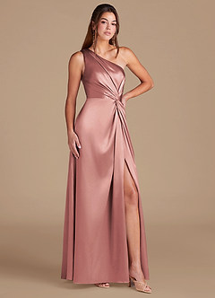 Azazie Brooke Bridesmaid Dresses Dusty Rose A-Line One Shoulder Metallic Satin Dress image3