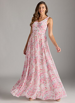 Azazie Keyla Bridesmaid Dresses Abstract Watercolor Floral A-Line V-Neck Pleated Chiffon Dress image3