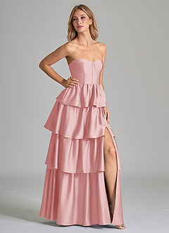 Azazie Faye Robes de demoiselle d'honneur Robe Trapèze en Satin extensible Rayé Rose Poudré image1