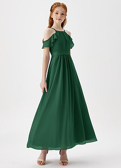 Azazie Chaya Junior Dark Green A-Line Off the Shoulder Chiffon Dress image6