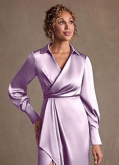 Azazie Jacinta Mother of the Bride Dresses Frosted Lilac Sheath Pleated Stretch Satin Dress image5