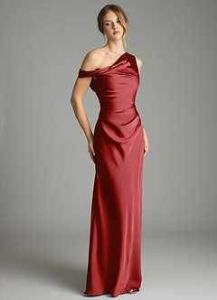Azazie Emerson Bridesmaid Dresses Pomegranate Mermaid Off the Shoulder Stretch Satin Dress image5