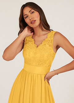 Azazie Gertrude Bridesmaid Dresses Marigold A-Line Lace Chiffon Dress image6
