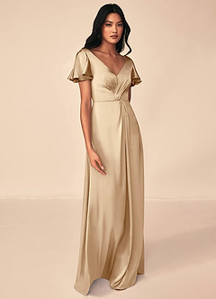 Azazie Soren Bridesmaid Dresses Champagne A-Line Pleated Stretch Satin Dress image4