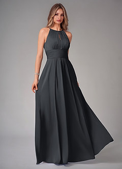 Azazie Bonnie Vestidos de damas de honor Vestido de Negro de Satén Elástico de Corte en A con Plisado image1