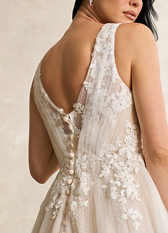 Azazie Alemia Wedding Dresses Diamond White Nude A-Line Lace Tulle Dress image7