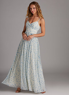 Azazie Zeya Abiti da Damigella Abito A-Line in Chiffon con Scollo a V a Pieghe Blue And White Ditsy Floral image3