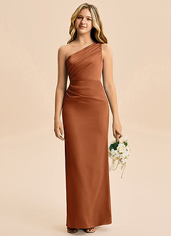 Azazie Akilah Junior Copper Sheath Pleated Stretch Satin Dress image1