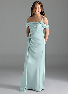 Azazie Amyra Junior Sea Glass Sheath Off the Shoulder Stretch Satin Dress image4