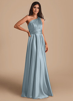 Azazie Charlize Bridesmaid Dresses Dusty Blue A-Line One Shoulder Metallic Satin Dress image3