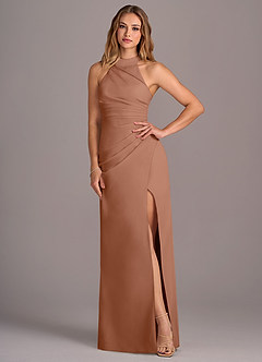 Azazie Jemma Bridesmaid Dresses Bronzer Sheath Pleated Chiffon Dress image4