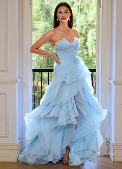 Aurelia Shy Blue Floral Sweetheart Neckline A-line Ruffle Asymmetrical Prom Dress image3