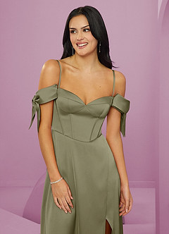 Barbie ♥ Azazie Bridesmaid Dresses Pistachio A-Line Off the Shoulder Stretch Satin Dress image5