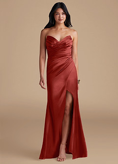 Azazie Yola Bridesmaid Dresses Rust Sheath Pleated Metallic Satin Dress image1