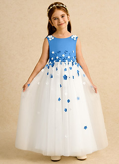 Azazie Eleni Blumenmädchenkleider Ballkleid Schleifen Tüll Kleid Elfenbein Blauhäher image4