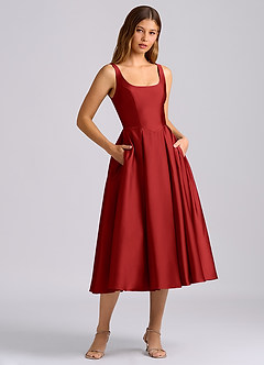 Azazie Amalie Bridesmaid Dresses Pomegranate A-Line Pleated Stretch Satin Dress image3
