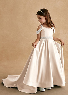 Azazie Jodi Flower Girl Dresses White Alabaster A-Line Matte Satin Dress image1