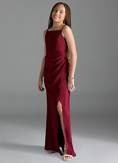 Azazie Leonis Junior Burgundy A-Line Pleated Stretch Satin Dress image4