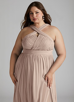 Azazie Hillian Bridesmaid Dresses Taupe A-Line Halter Pleated Mesh Dress image13