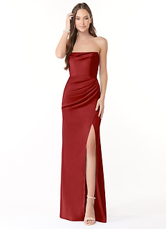 Azazie Leonis Bridesmaid Dresses Pomegranate Mermaid Pleated Stretch Satin Convertible Dress image2