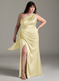 Azazie Maive Final Sale Lemon Sorbet Sheath Ruched Stretch Satin Dress image6