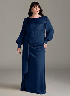Azazie Raye Bridesmaid Dresses Dark Navy Mermaid Long Sleeve Stretch Satin Dress image7