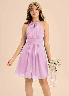 Azazie Bonnie Junior Candy Pink A-Line Pleated Chiffon Dress image3