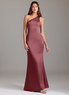 Azazie Arleth Vestidos de damas de honor Vestido de Rosa Del Desierto de Satén Elástico de Corte en A con Hombro unilateral image1