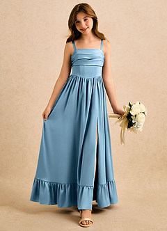 Azazie Maisie Girls Formal Robe Demoiselle D'honneur Fillette Robe Trapèze en Satin extensible Rayé Acier Bleuté image1