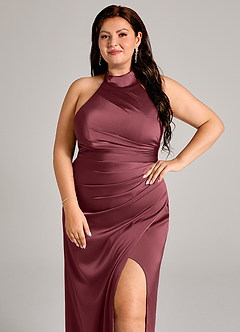 Azazie Jemma Bridesmaid Dresses Merlot Sheath Pleated Stretch Satin Dress image8