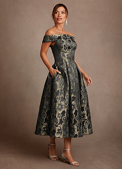 Azazie Centralia Mère de la mariée Robes Robe Trapèze en Jacquard Floral Épaule décolletée Jacquard Or Noir image2