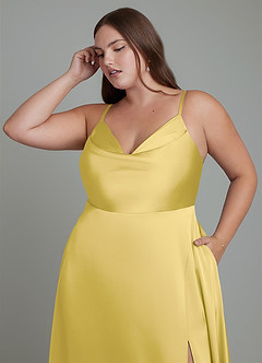 Azazie Sarella Bridesmaid Dresses Canary A-Line Pleated Stretch Satin Dress image9