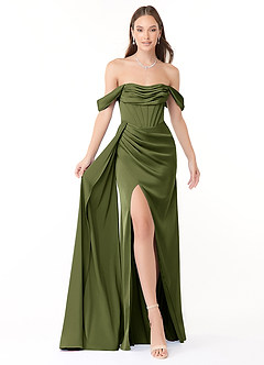Azazie Amyra Bridesmaid Dresses Olive Sheath Off the Shoulder Stretch Satin Convertible Dress image1