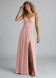 Azazie Aziza Bridesmaid Dresses Powder Pink A-Line V-Neck Pleated Chiffon Dress image2