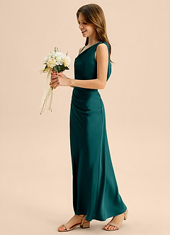 Azazie Madelyn Junior Peacock Sheath Off the Shoulder Stretch Satin Dress image3