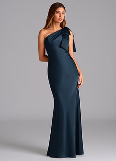 Azazie Yuanna Bridesmaid Dresses Dark Navy Mermaid One Shoulder Stretch Satin Dress image5