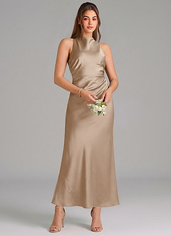 Azazie Evadne Vestidos de damas de honor Vestido de Gris Pardo de Satén Elástico de Corte Recto con Plisado image3