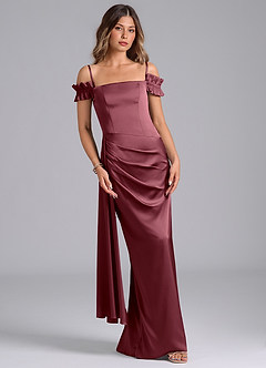 Azazie Kalysia Bridesmaid Dresses Desert Rose Mermaid Off the Shoulder Stretch Satin Convertible Dress image4