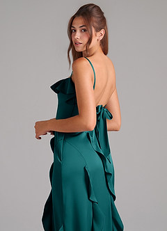 Azazie Malia Bridesmaid Dresses Peacock A-Line Side Slit Stretch Satin Dress image2