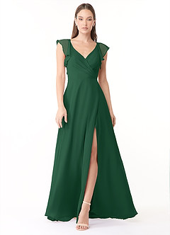 Azazie Yoko Bridesmaid Dresses Dark Green A-Line Ruched Chiffon Dress image1