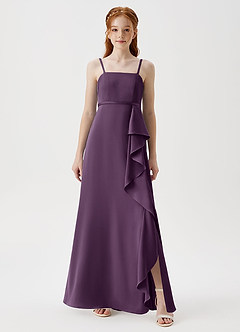 Azazie Kaylee Junior Robe Trapèze en Satin extensible avec ceinture Prune image3